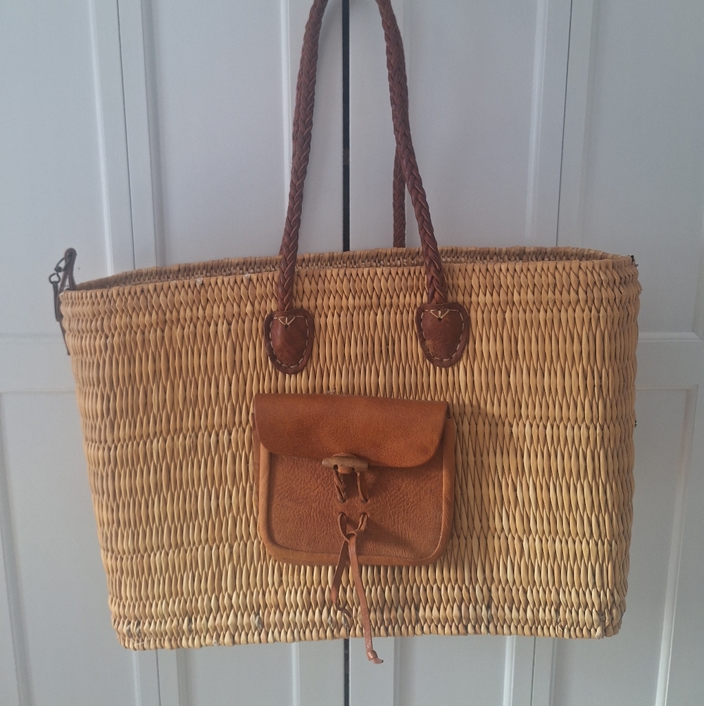 Woven Straw Tote Bag with Brown Leather Pocket